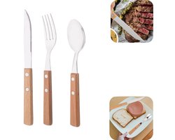 3 delige bestekset - diner vork - diner lepel - diner mes - biefstuk mes vork - dessert lepel - fruitvork - stokbroodmes - wasbaar - draagbaar - metalen bestek - herbruikbaar- geschikt voor kamperen, reizen, buiten dineren (bruin, meerdere maten)