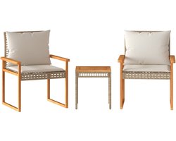 3-delige Bistroset | Tuinset en kussens poly rattan en hout gemengd beige