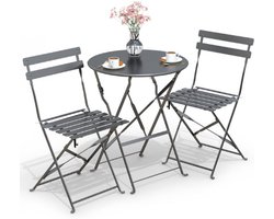 3-Delige Bistroset Voor Buiten - Stalen Tafel & 2 Klapstoelen - Compact & Weerbestendig - Grijs
