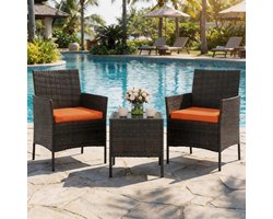 3-delige bistroset voor op het terras – Buitenmeubels van PE-rotan met 2 stoelen met kussens en een salontafel – Weerbestendig voor in de tuin, op het balkon of op de veranda – Bruin gemêleerd rotan, oranje kussens