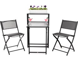3-Delige Bistroset voor Tuin, Terras en Balkon Opvouwbaar – Stalen Balkonset 2 Personen – 1 Tafel met Rek + 2 Stoelen - Zwart