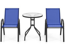 3-delige Bistrotafelset met 2 Textieleen Stoelen en Glazen Tafel - Buitenmeubels Balkon en Terras