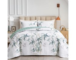 3-delige Botanische Quiltset - Groen Bladeren op Wit - Luxe Sprei voor Volledig/Koningin Bed - Zacht Microfiber