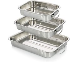 3-delige braad- en bakpannenset - roestvrijstalen braadpan met handgrepen - roestvrijstalen braadpan voor koken en bakken - ovenschaal (zilver - 3 delen)