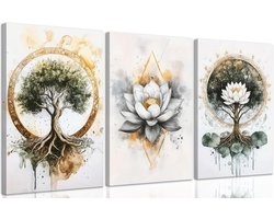 3-delige Canvas Muurkunst Levensboom en Lotus - Abstracte Natuur Schilderijen voor Woonkamer en Slaapkamer