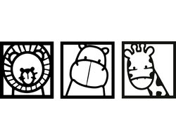 3-delige Dierenkopjes Leeuw Nijlpaard Giraf -- Wall Art by Cutting Edge Design - Cartoon Diertjes Kinderen Slaapkamer Peuter Kleuter Baby Babyshower Muurdecoratie Hout Wand Kader Muur Cadeau Geschenk Deco Wood Laser Woondecoratie Interieurdesign