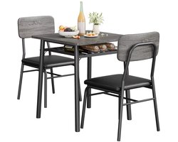 3-Delige Eetkamerset voor 2 Personen – Eettafel met 2 Gestoffeerde Eetkamerstoelen & Opbergrek – Metalen Frame – Compacte Keukentafel voor Kleine Ruimtes – Grijs