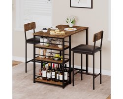 3-delige eetset op barhoogte voor 2 personen, keuken bartafel met 2 gestoffeerde stoelen – 3 grote opbergplanken, ruimtebesparend voor klein appartement en ontbijthoek