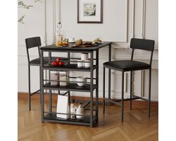 3-delige eetset op barhoogte voor 2 personen, keuken bartafel met 2 gestoffeerde stoelen – 3 grote opbergplanken, ruimtebesparend voor klein appartement en ontbijthoek