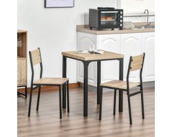 3-delige eettafel keukentafel met stoelen set naturel houtnerf + zwart met 1 tafel + 2 stoelen