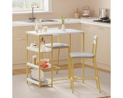 3-delige Eettafel Set - Ronde Keukentafel met 2 Krukken - Industrieel Design met 3 Opbergplanken - Goud/wit - Ruimtebesparend voor Kleine Ruimtes