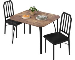 3-delige Eettafel Set voor 2 Personen - Compacte Keukentafel met 2 Gestoffeerde Stoelen - Industrieel Design - Hout en Metaal - 74x74x76 cm - bruin