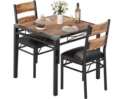 3-delige Eettafel Set voor 2 Personen - Compacte Keukentafel met 2 Gestoffeerde Stoelen - Industrieel Design - Hout en Metaal - 74x74x76 cm - bruin