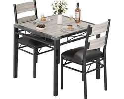 3-delige Eettafel Set voor 2 Personen - Compacte Keukentafel met 2 Gestoffeerde Stoelen - Industrieel Design - Hout en Metaal - 74x74x76 cm - Grijs