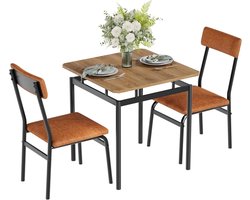 3-delige Eettafel Set voor 2 Personen - Keukentafel met 2 Gestoffeerde PU-Leren Stoelen - Industrieel Design - Metaal en Hout - Ruimtebesparend - 74x74x76 cm