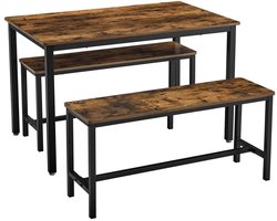 3-delige eettafelset met 1 tafel van 110 x 70 x 75 cm met stevig metalen frame en houtlook blad, en 2 krukken van 97 x 30 x 50 cm, geschikt voor maximaal 4 personen, industrieel ontwerp, bruin en zwart