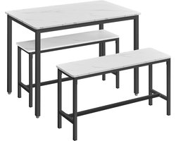 3-delige eettafelset met 1 tafel van 110 x 70 x 75 cm met stevig metalen frame en houtlook blad, en 2 krukken van 97 x 30 x 50 cm, geschikt voor maximaal 4 personen, industrieel ontwerp, Wit en zwart