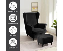 3-delige fluwelen hoes voor oorfauteuil en voetenbank, elastisch en wasbaar, hoge rugleuning, zwart, perfect voor bescherming en stijl