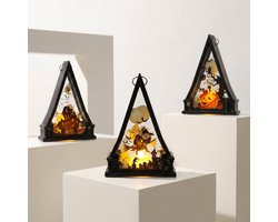 3-delige Halloween driehoekige lantaarnset, zwarte LED griezelige pompoen kasteel heks vleermuis boom kaarslamp, geschikt voor binnen- en buitendecoratie.