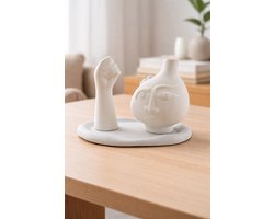 3 Delige Handgemaakte Decoratie Set met Dienblad – Gezicht & Hand Vaas – Porselein Gips – Zonder Pampas