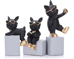 3-delige hars Franse bulldog sculptuurset - modern woonaccesoire voor entree, plank, tafel, kantoor en woonkamer