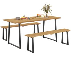 3-delige Houten Biertafelset met Biertafel, 2 Bierbanken & Parasolgat - Tuintafel voor 6 Personen - Bierbank - Picknicktafel - Biertentset - Tuinset - voor Terras, Balkon, Tuin, Camping - 178 cm lang - Naturel Hout
