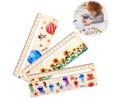 3-delige Houten Linialenset Kinderen - 18cm Leesliniaal & Meetliniaal - Gepersonaliseerde Houten Leesstrook - Educatieve Liniaal voor School, Thuis, Klas - Ruler Set met Ocean, Planeet & Zonnebloem Design