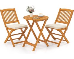 3-delige Inklapbare Tuinmeubelset van Acaciahout – Balkonset met Ronde Tafel, 2 Stoelen en Comfortabele Beige Kussens voor Buiten