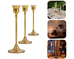 3-delige kaarsenhouder set — Kaarsenhouders — Decoratieve kaarsstandaards — Metalen kandelabers — Met antislipvoetjes — Voor feesten, bruiloften, woondecoratie, bijeenkomsten, feestelijke gelegenheden (Goud — 16cm, 19cm, 22cm)