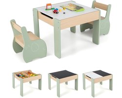 3-Delige Kinder Tafel en Stoelen Set – Activiteitentafel met Dubbelzijdig Schoolbord & Whiteboard – Opbergruimte – Groen