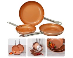 3-delige Koperen Koekenpannen Set - Gesmeed Aluminium - Non-stick Coating - Alle Warmtebronnen - Inductie Geschikt - RVS Handgrepen - Koekenpan Set - Pannenset