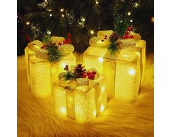 3-Delige LED Geschenkdoos Set - Kerstdecoratie Met 60 Warmwitte LED's - Verlichte Flanellen Cadeaudozen Voor Binnen & Vensterbank Decoratie