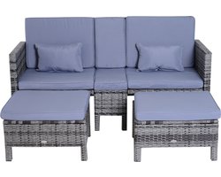 3-delige Loungeset voor in de tuin - Grijs Polyrotan + Metaal, Inclusief 2-zits bank, 2x Hocker en Kussens