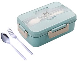3-delige lunchboxset van tarwestro | Lunchbox met 3 compartimenten en bestekset - magnetronbestendig - voor volwassenen en kinderen - 1200 ml - groen - Vershouddoos