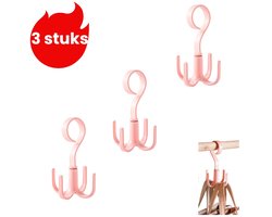 3-delige multifunctionele draaibare haak met vier klauwen - garderobekast - deurhanger/tassenhaak - roze