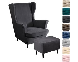 3-Delige Oorfauteuil Hoes met Voetenbankhoes - Stretch Fluweel - Donkergrijs