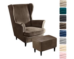 3-delige Oorfauteuil Hoes met Voetenbankhoes - Stretch Fluweel Stoel- en Ottomane Overtrek