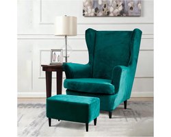 3-delige oorfauteuil met kruk en verlengde katoenen armleuningen, retro fauteuil. Stofbestendig, gemakkelijk te verwijderen en wasbare vleugelstoelhoes, in de woonkamer, restaurant (groen)