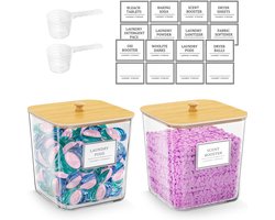 3-delige Opbergdoos voor wasmiddel - Opbergdoos voor wascapsules - Container voor vloeibaar wasmiddel - Container voor geurparels - Inclusief twee lepels en een etiket - Geschikt voor wasruimtes, badkamers, keukens of als opbergdoos - Transparant