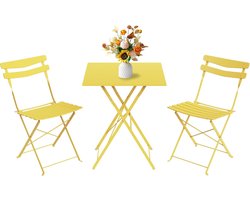 3-delige opvouwbare bistroset voor de tuin – Vierkante metalen tafel + 2 weerbestendige stoelen – Eenvoudig op te bergen – Geschikt voor balkon, terras, tuin en binnenplaats – Geel