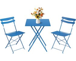 3-delige opvouwbare bistroset voor de tuin – Vierkante metalen tafel + 2 weerbestendige stoelen – Eenvoudig op te bergen – Geschikt voor balkon, terras, tuin en binnenplaats – Blauw