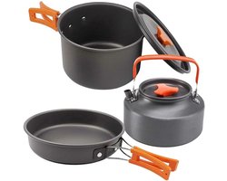 3-delige Pannenset met Deksels - Kookpannen - Ketel, Koekenpannen & Steelpannen - voor Inductie en Gas - Hapjespan - Koekenpan - BBQ & Inductie Pan - Geschikt voor picknicks, reizen, kamperen, wandelen en backpacken