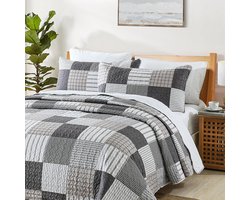 3-Delige Patchwork Quilt Set Queen Size - Lichtgewicht Sprei en Kussenslopen - Boerderij Stijl Beddengoed Grijs Bruin Wit