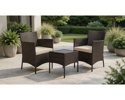 3-delige Polyrotan Balkon Loungeset met Kussens – Weerbestendige Tuinmeubelset met 2 Stoelen en Bijzettafel – Balkonset / Terras Set Bruin-Kaki - Furnitureland