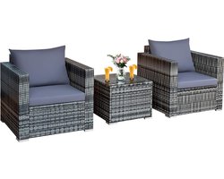 3-delige polyrotan set rotan meubelen, rotan zitgarnituur met tafel van glas en wasbaar zitkussen, tuinzitgroep, balkonset lounge voor binnen en buiten, grijs