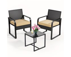 3-delige Rattan Tuinset – Balkonset – Loungeset – Bistroset – Tuinmeubelset – Gele Kussens – Duurzaam Rattan – Glazen Tafelblad