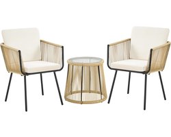 3-Delige Rotan Balkonset Met Kussens En Glazen Tafel – Lichtbruin/Crèmewit