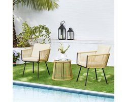 3-delige rotan balkonset, tuinmeubelset incl. 2 stoelen met 6 cm dik zit- en rugkussen en 1 tafel met 5 mm dik hardglas, tuinzitgroep voor balkon buiten, lichtbruin/crèmewit