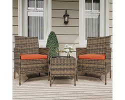 3-Delige Rotan Bistroset – 2 Tuinstoelen met Zachte Kussens & Salontafel met Glazen Blad – PE-Rotan Balkonset voor Tuin, Veranda & Terras