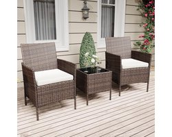 3-delige Rotan tuinmeubelset, 2 stoelen + 1 salontafel, bruin terrasmeubels voor buiten, balkon & veranda